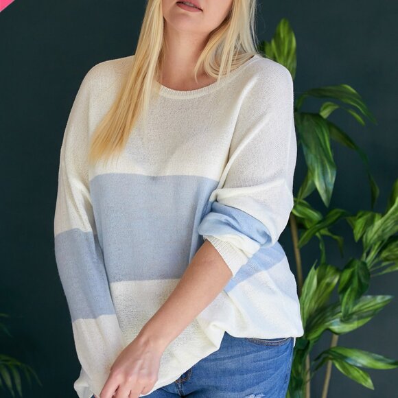 DAVI & DANI Plus Size Light Blue & White Colorblock Lightweight Sweater, Casual - Picture 2 of 9